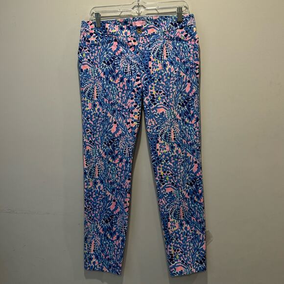🍁 Lilly Pulitzer Kelly Skinny Ankle Pull On Skinny Pants Sz 8 Blue Pink - Picture 1 of 12